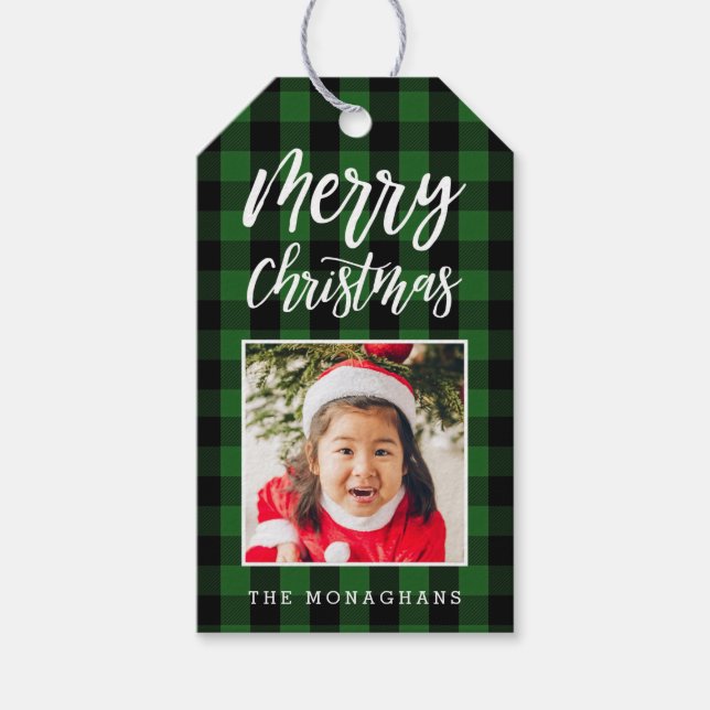 Green Plaid Photo Christmas Gift Tags (Front)