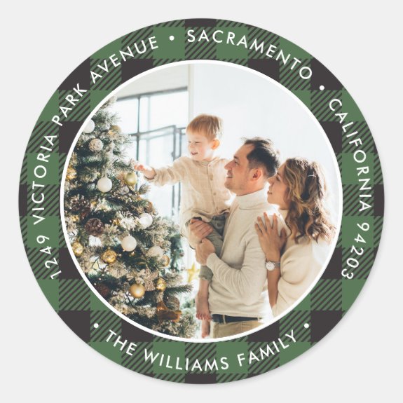 Green Plaid Photo Christmas Return Address Labels