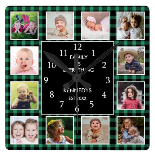 Green Plaid  Photo Collage Family Quote Christmas Square Wall Clock