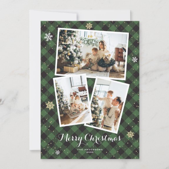 Green Plaid Photo Collage Merry Christmas Card