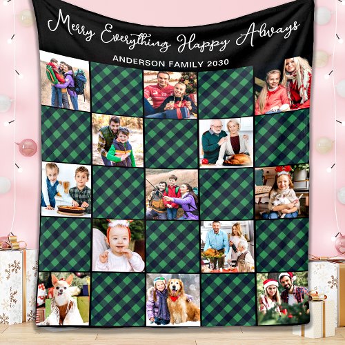 Green Plaid Quilt Personalized 13 Photo Collage  Fleece Blanket
