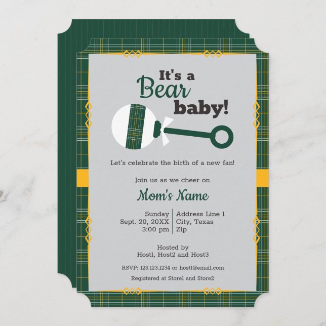 Green Plaid Rattle Bear Baby Shower Invitation (Front/Back)