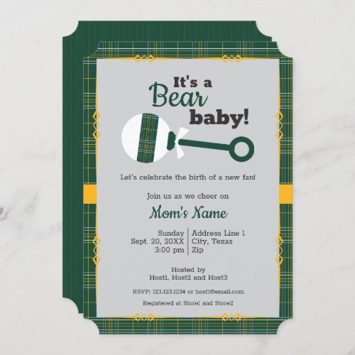 Green Plaid Rattle Bear Baby Shower Invitation