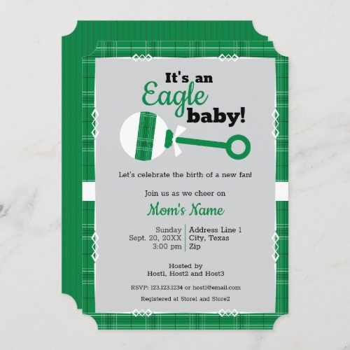 Green Plaid Rattle Eagle Baby Shower Invitation