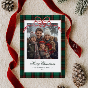 Green Plaid Red Bow Photo Holiday Card