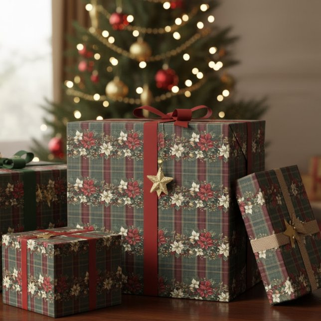 Green Plaid Red Gold Poinsettia Christmas Pattern Wrapping Paper (Creator Uploaded)