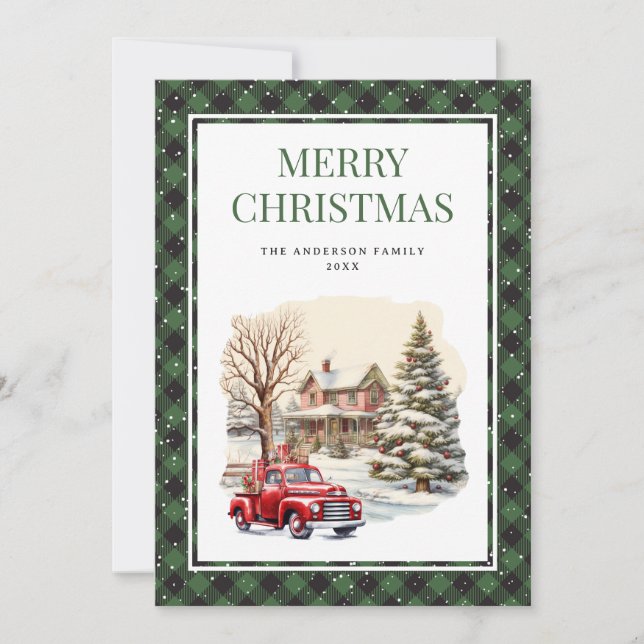 Green Plaid Red Truck Merry Christmas Card (Front)