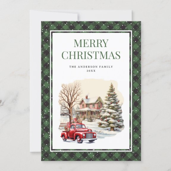 Green Plaid Red Truck Merry Christmas Card