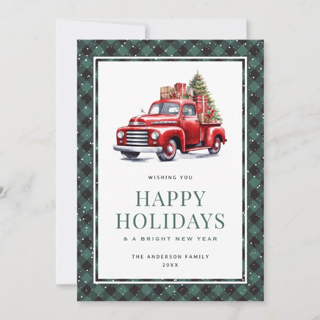 Green Plaid Red Truck Tree Happy Holidays Card (Front)