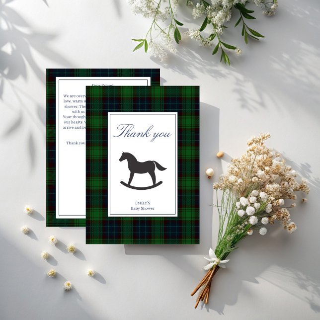 Green plaid rocking horse classic baby shower thank you card (Emerald Green plaid rocking horse classic polo baby shower thank you cards)