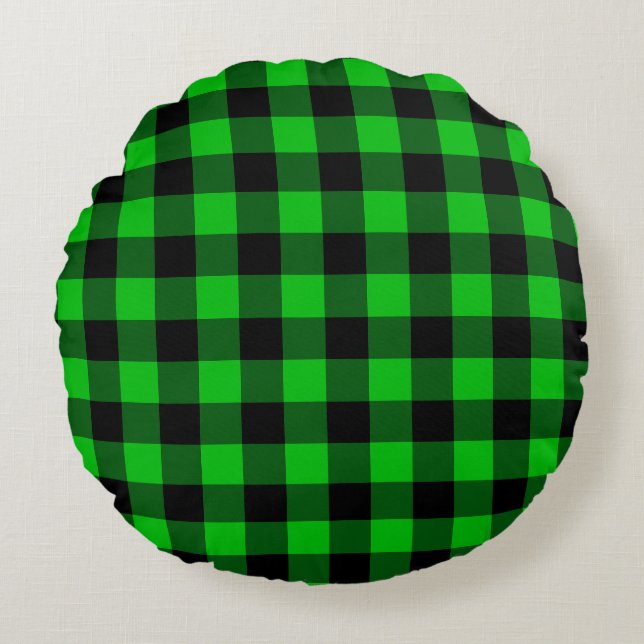 Green Plaid Round Pillow (Front)