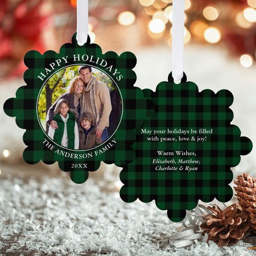 Green Plaid Rustic Happy Holidays Photo Ornament Card