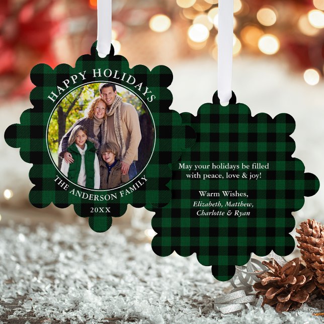 Green Plaid Rustic Happy Holidays Photo Ornament Card (A greeting card that is also an ornament! Customize with your photo and personalized text.)