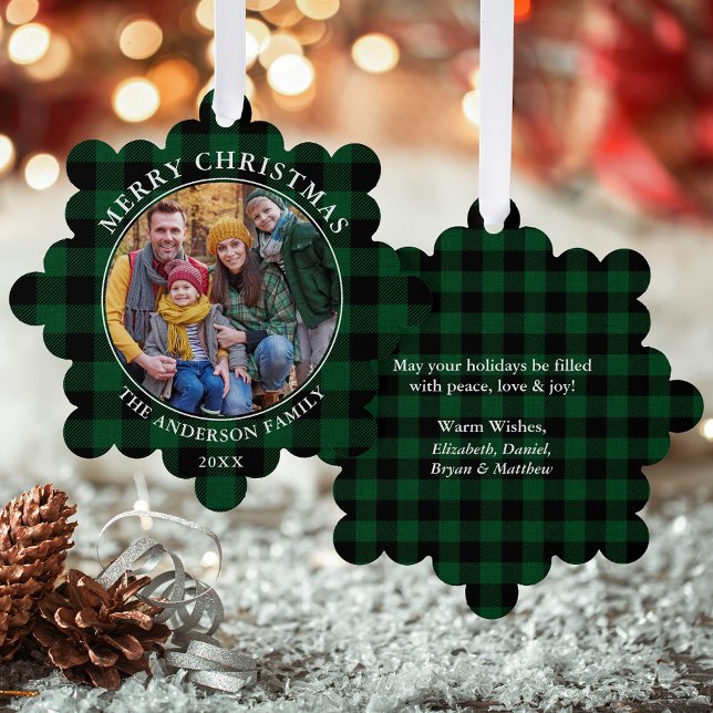 Green Plaid Rustic Merry Christmas Photo Ornament Card (A greeting card that is also an ornament! Customize with your photo and personalized text.)