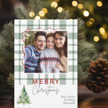 Green Plaid Rustic Photo Christmas Card
