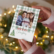 Green Plaid Rustic Photo Folded Christmas Card