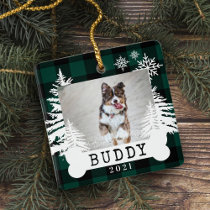Green Plaid Rustic Pine Trees Dog Bone Pet Photo Ceramic Ornament
