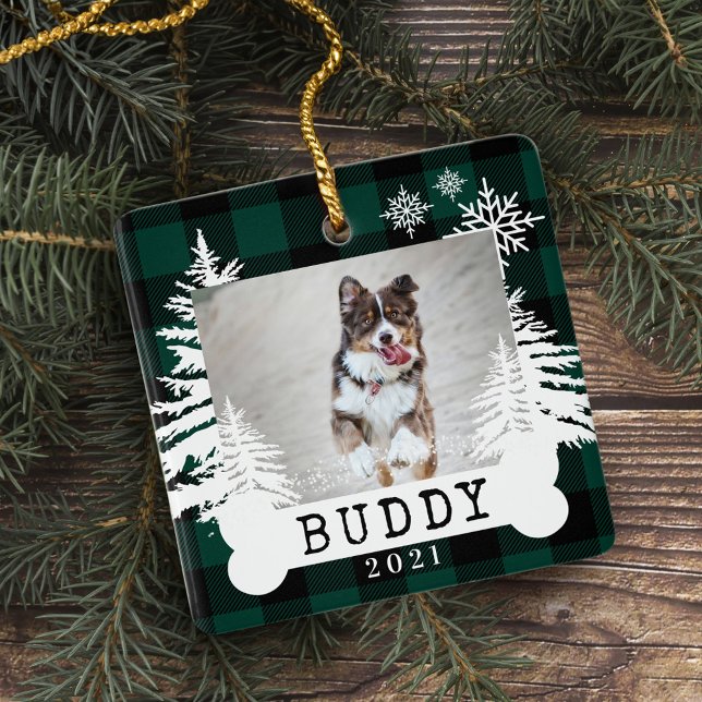 Green Plaid Rustic Pine Trees Dog Bone Pet Photo Ceramic Ornament (Green Plaid Rustic Pine Trees Dog Bone Pet Photo Ceramic Ornament)