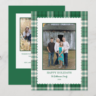 Green Plaid Scallop Frame Photo Christmas Holiday Card