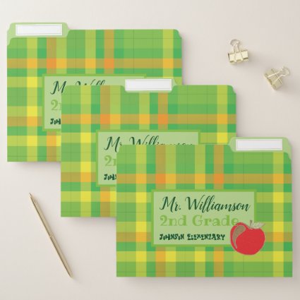 Green plaid school teacher file folders template