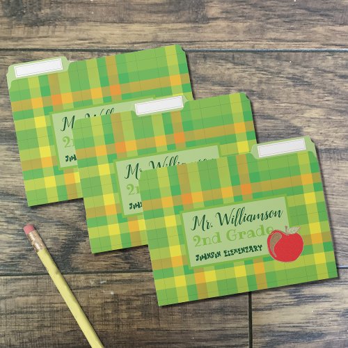 Green plaid school teacher file folders template