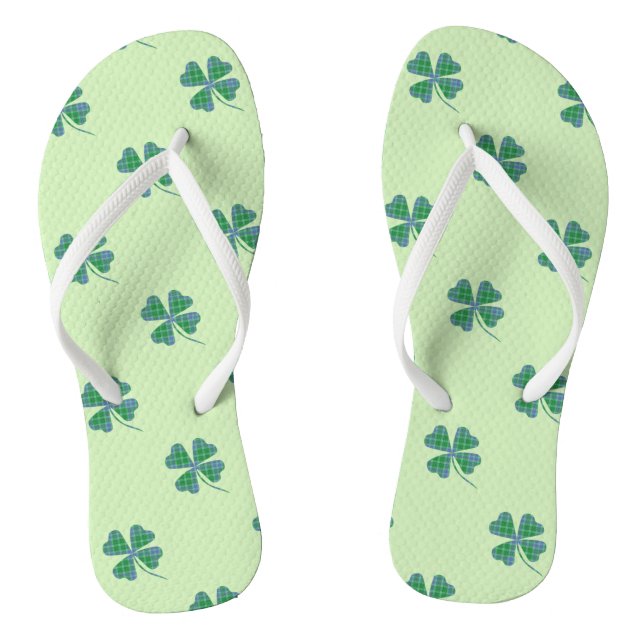 Green Plaid Shamrock Clover Pattern Flip Flops (Footbed)