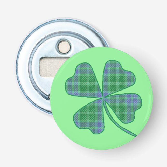 Green Plaid Shamrock Four-Leaf Clover Bottle Opener (Front)
