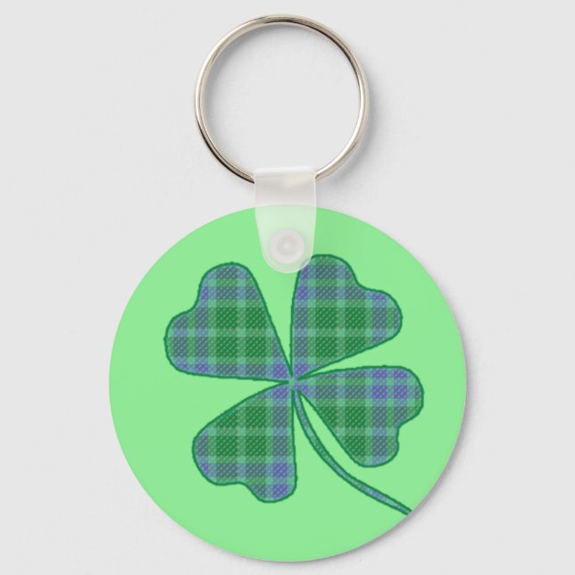 Green Plaid Shamrock Four-Leaf Clover Keychain (Front)
