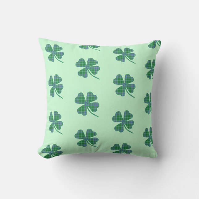 Green Plaid Shamrock Four-Leaf Clover Pattern Throw Pillow (Front)