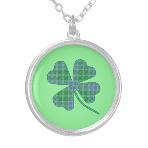 Green Plaid Shamrock Four_Leaf Clover Silver Plated Necklace