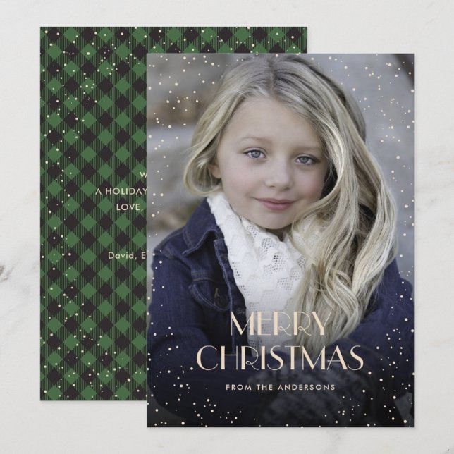 Green Plaid Snow Photo Christmas Cards (Front/Back)