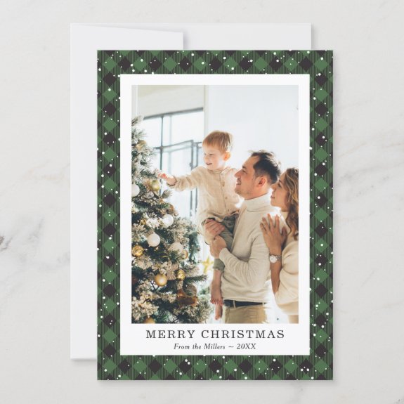 Green Plaid Snow Photo Merry Christmas Card