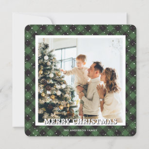 Green Plaid Snow Photo Merry Christmas Holiday Card