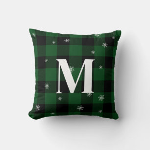 Green Plaid & Snowflakes Monogram Initial Winter Throw Pillow