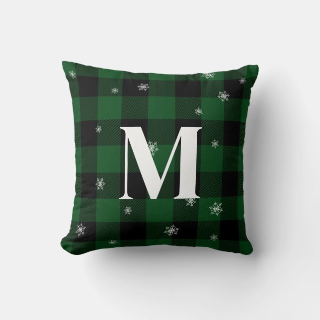Green Plaid & Snowflakes Monogram Initial Winter Throw Pillow (Front)