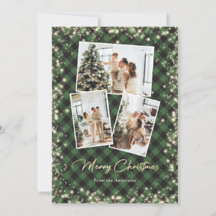 Green Plaid Sparkling Lights Snow Photo Christmas Holiday Card