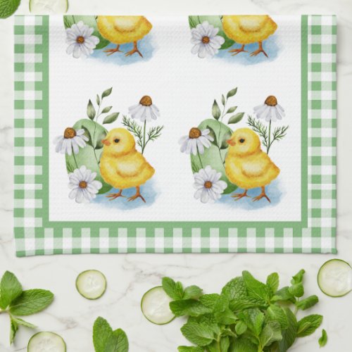 Green Plaid Spring Floral Easter Egg Chick Kitchen Towel