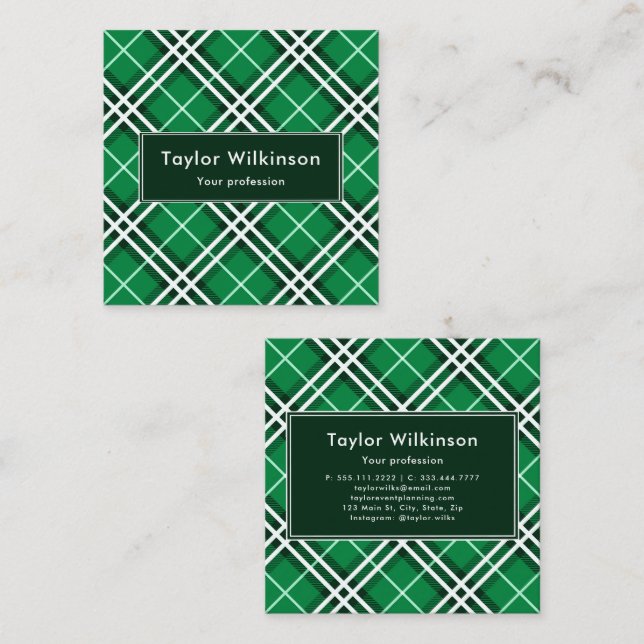 Green Plaid Square Business Card (Front/Back)
