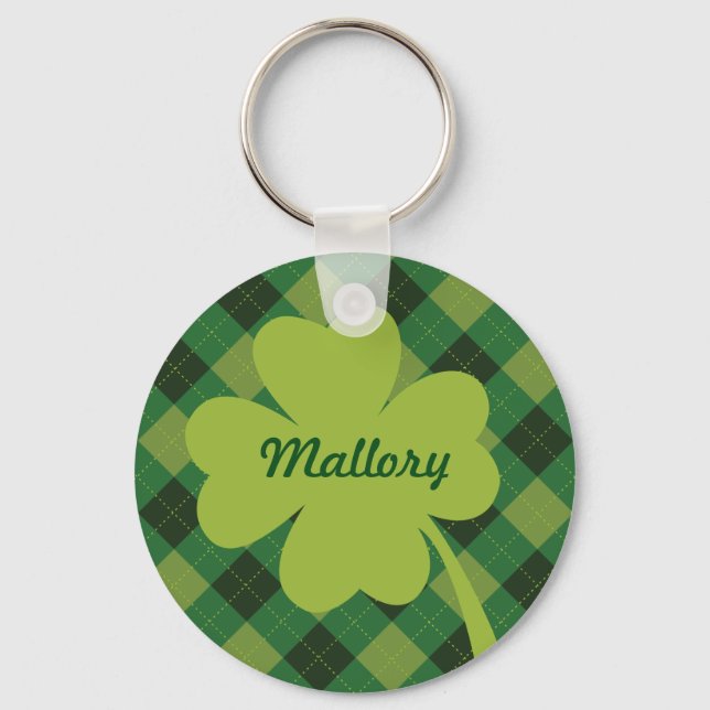 Green Plaid St. Patty's Day Personalized Keychain (Front)