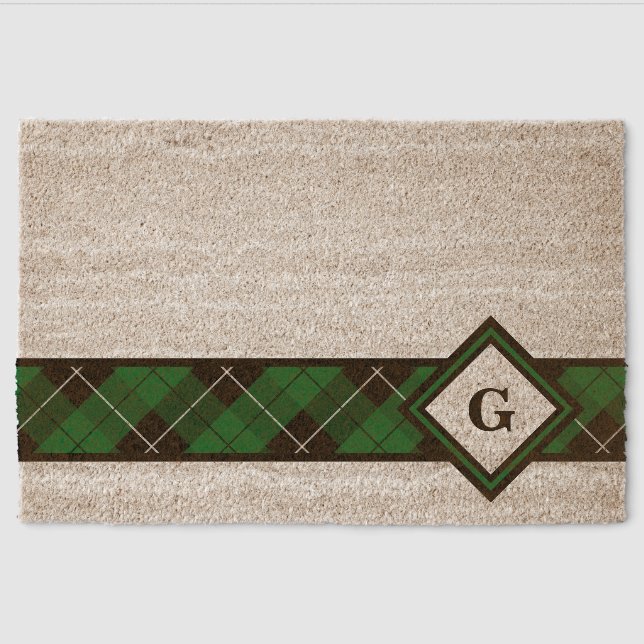 Green Plaid Stripe Rhombus Monogram Fiber Doormat (Front)