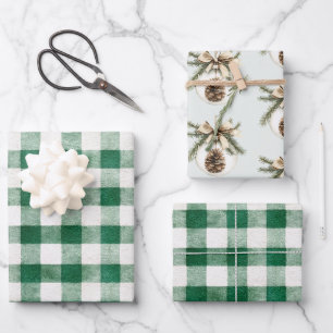 Green Plaid Stripes Pine Cone Ornament Christmas Wrapping Paper Sheets