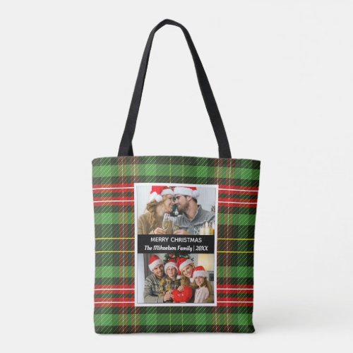 Green Plaid Tartan Photo Collage Merry Christmas Tote Bag