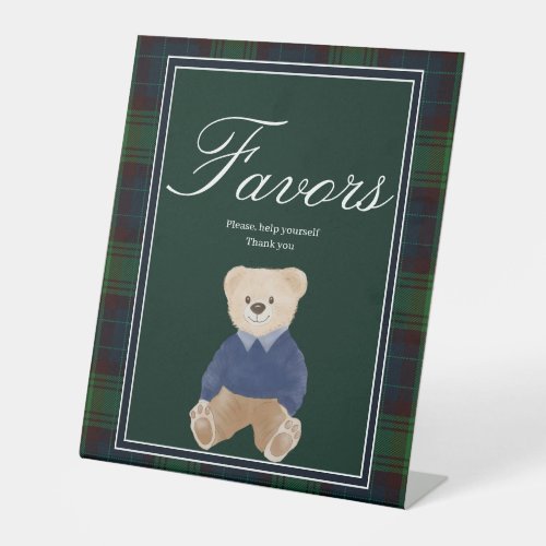 Green plaid teddy bear baby shower favor table