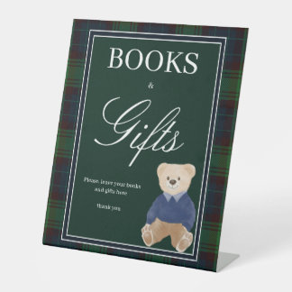 Green plaid teddy bear baby shower gifts table pedestal sign