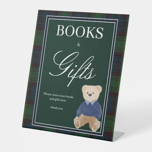 Green plaid teddy bear baby shower gifts table