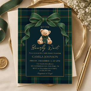 Green Plaid Teddy Bear Baby Shower Invitation