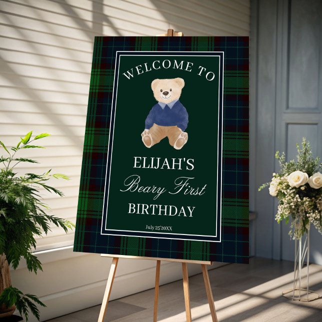 Green plaid teddy bear birthday party welcome sign (Green plaid teddy polo bear birthday party welcome sign board personalized decor)
