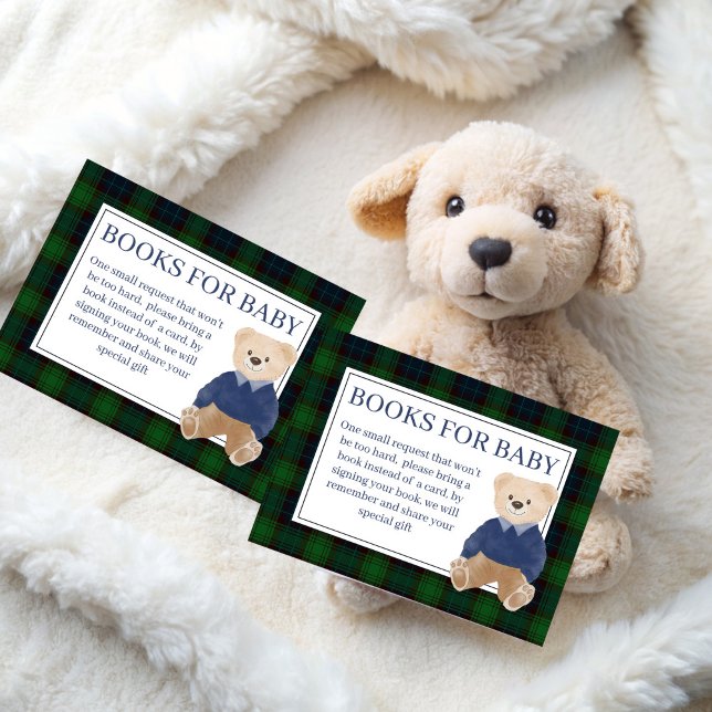 Green plaid teddy bear book request enclosure card (Green plaid polo teddy bear book request enclosure cards books for baby cards)