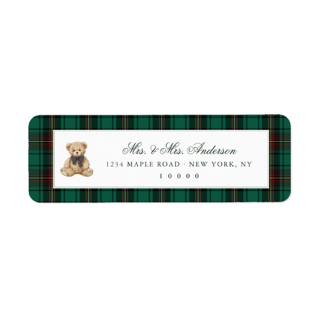 Green Plaid Teddy Bear Christmas  Label (Front)