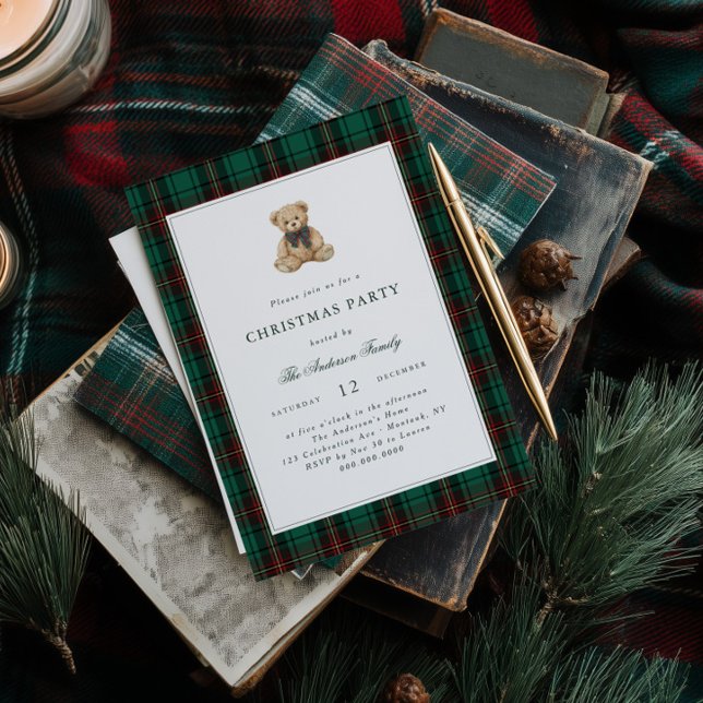 Green Plaid Teddy Bear Christmas Party Invitation (Creator Uploaded)